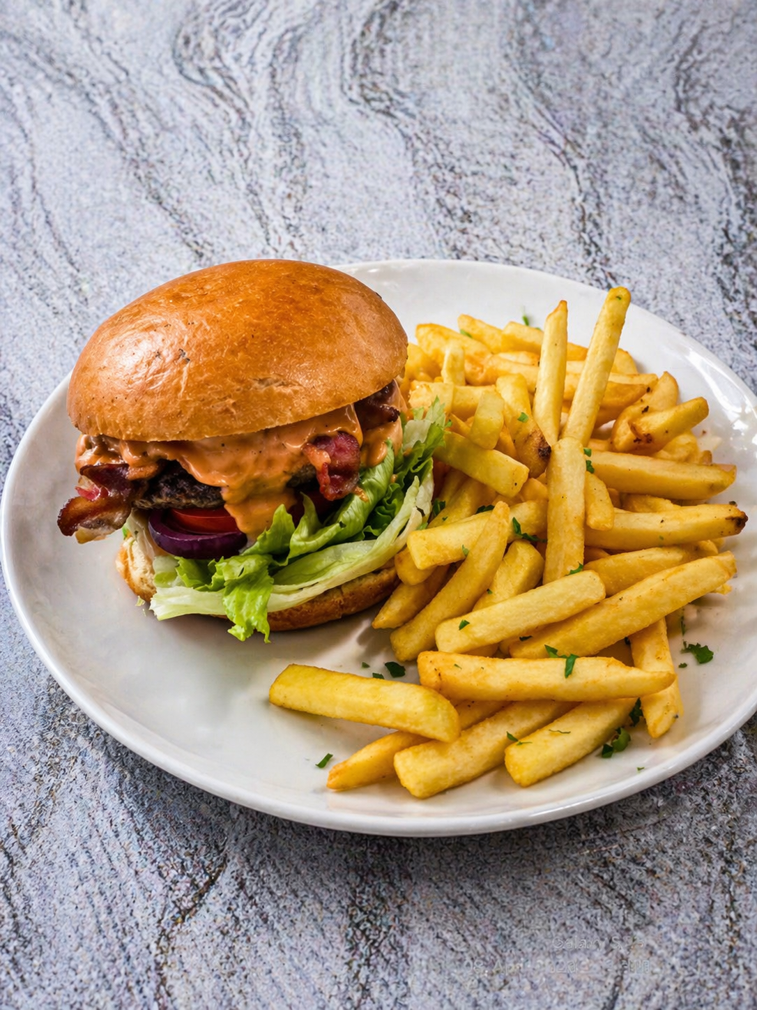 Burger mit Pommes auf Teller im Perlacher Bachgarten München Neuperlach