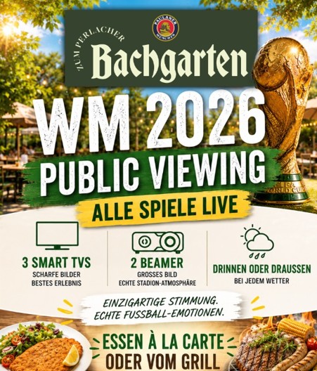 WM 2026 Public Viewing im Perlacher Bachgarten München mit Fußballfans, Großbildleinwand, Smart TVs und Biergarten-Atmosphäre